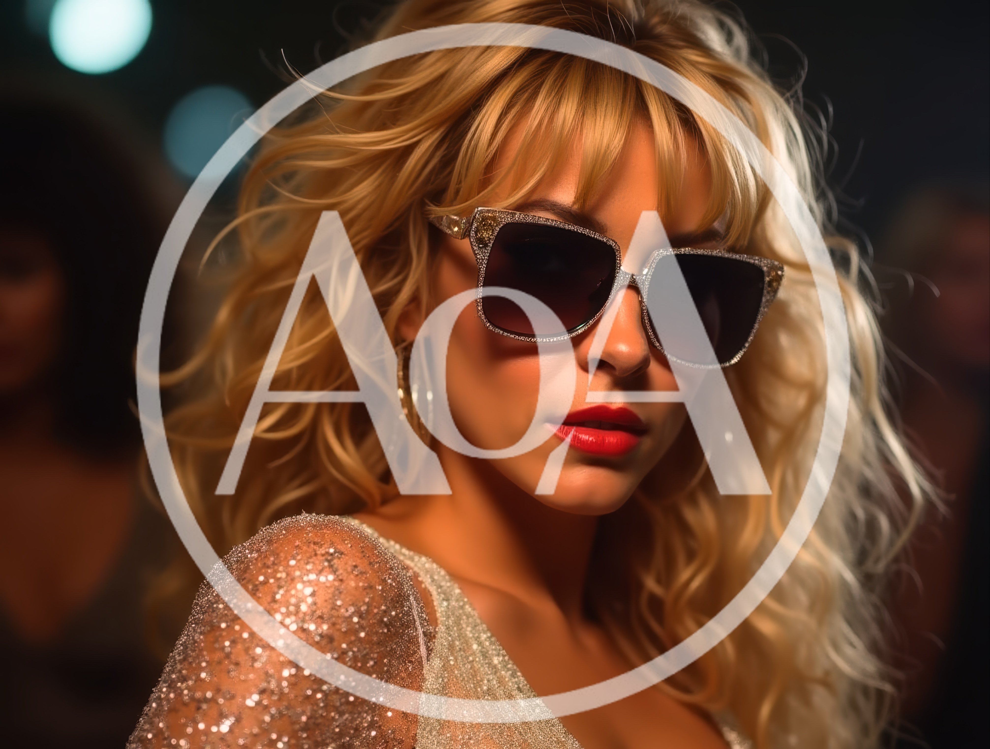 Glamorous Blonde Woman Wearing Sparkling Sunglasses At Night