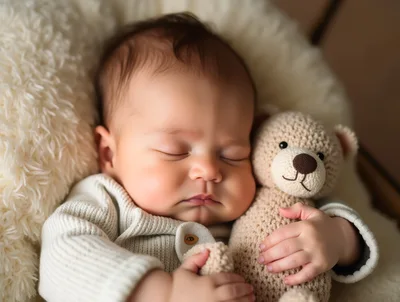 Newborn Baby Sleeping With A Knitted Teddy Bear