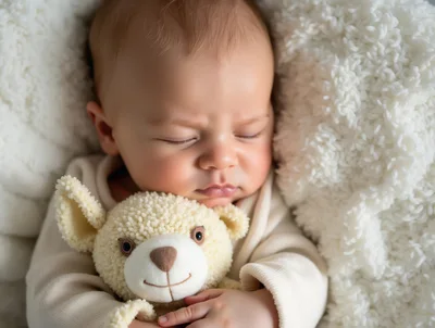 Newborn Baby Sleeping With A Plush Teddy Bear