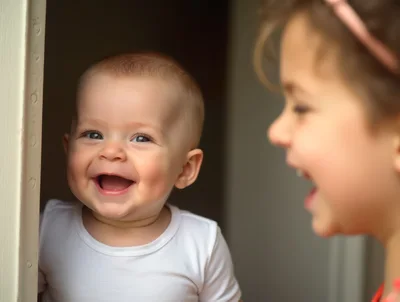 Happy Baby Smiling At Older Sister