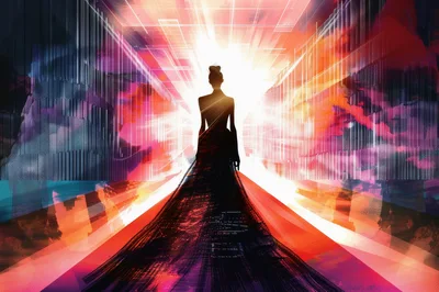 Silhouette Of A Woman Walking Into A Digital Portal