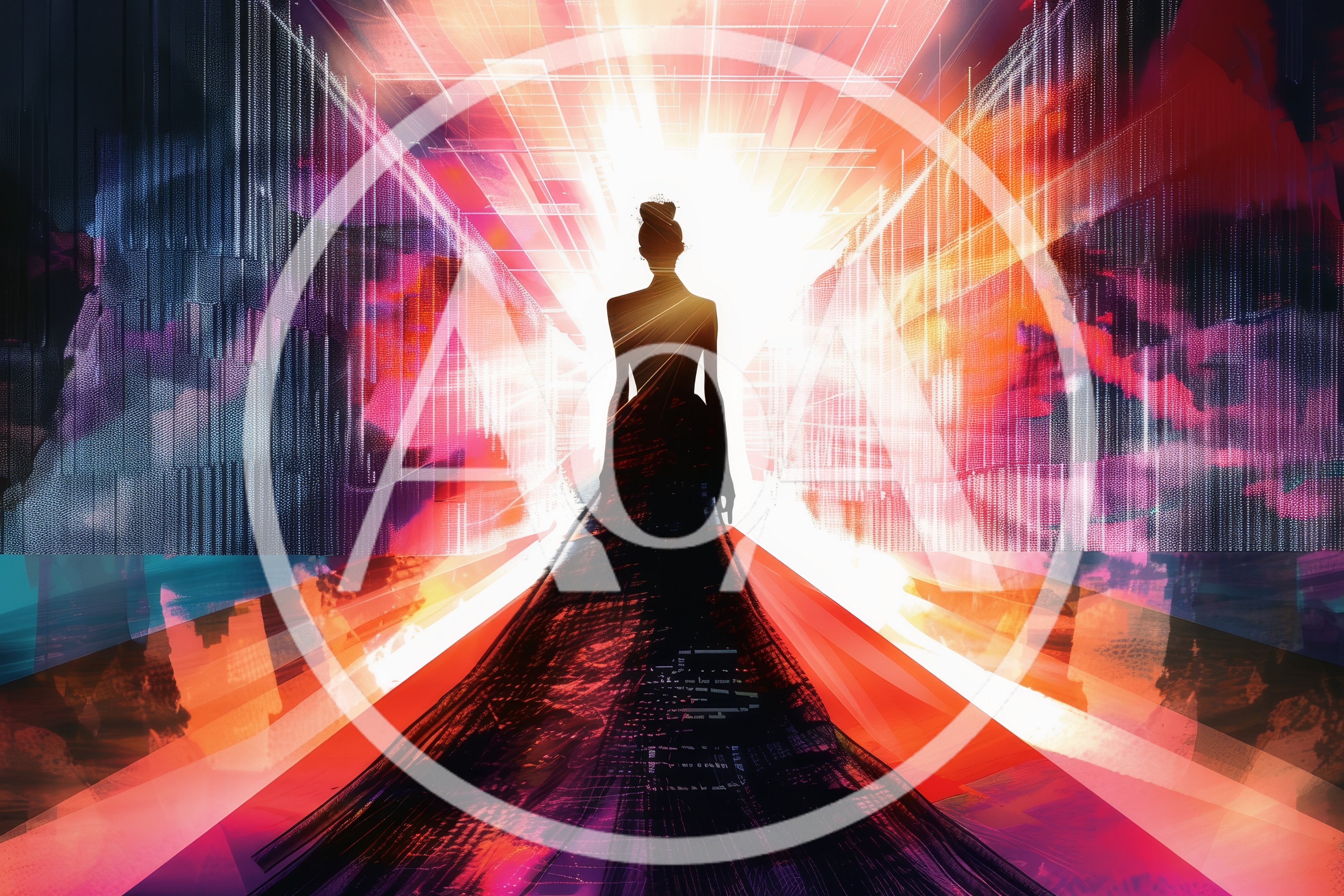Silhouette Of A Woman Walking Into A Digital Portal