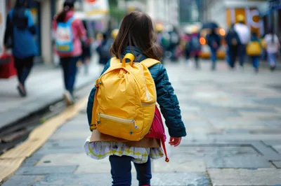 Young Girl Walking Down City Street With Backpack