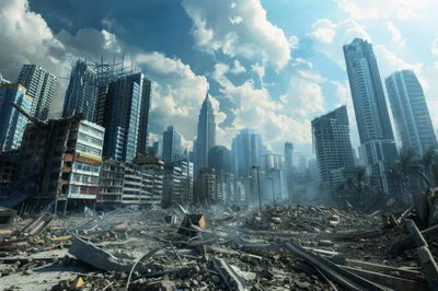 Post-Apocalyptic Ruined Cityscape With Damaged Skyscrapers