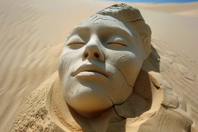 Sculpted Human Face Half Buried In Desert Sand