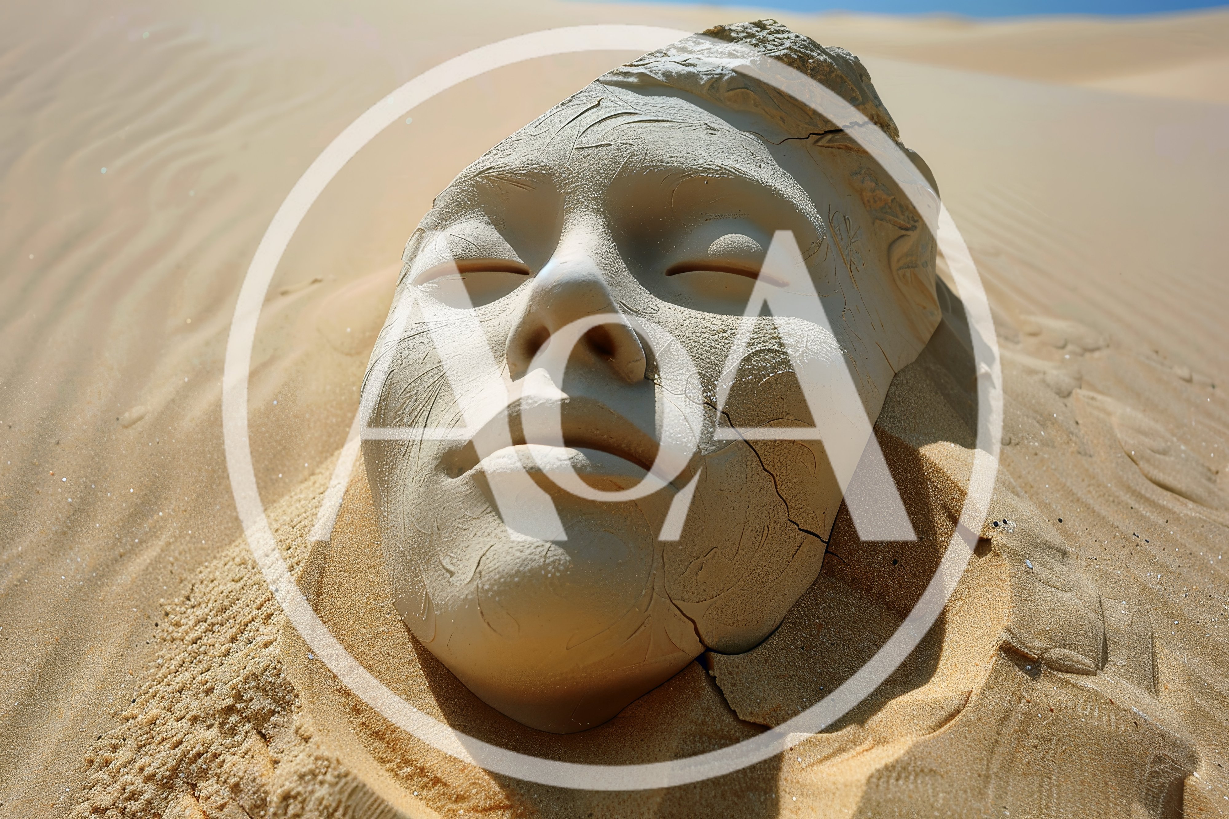 Sculpted Human Face Half Buried In Desert Sand