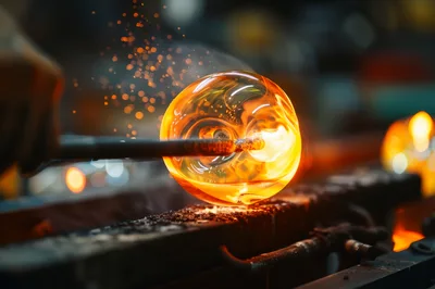 Glassblower Shaping Molten Glass Sphere In Workshop
