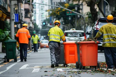 Sanitation Workers Cleaning City Street With Trash Bins