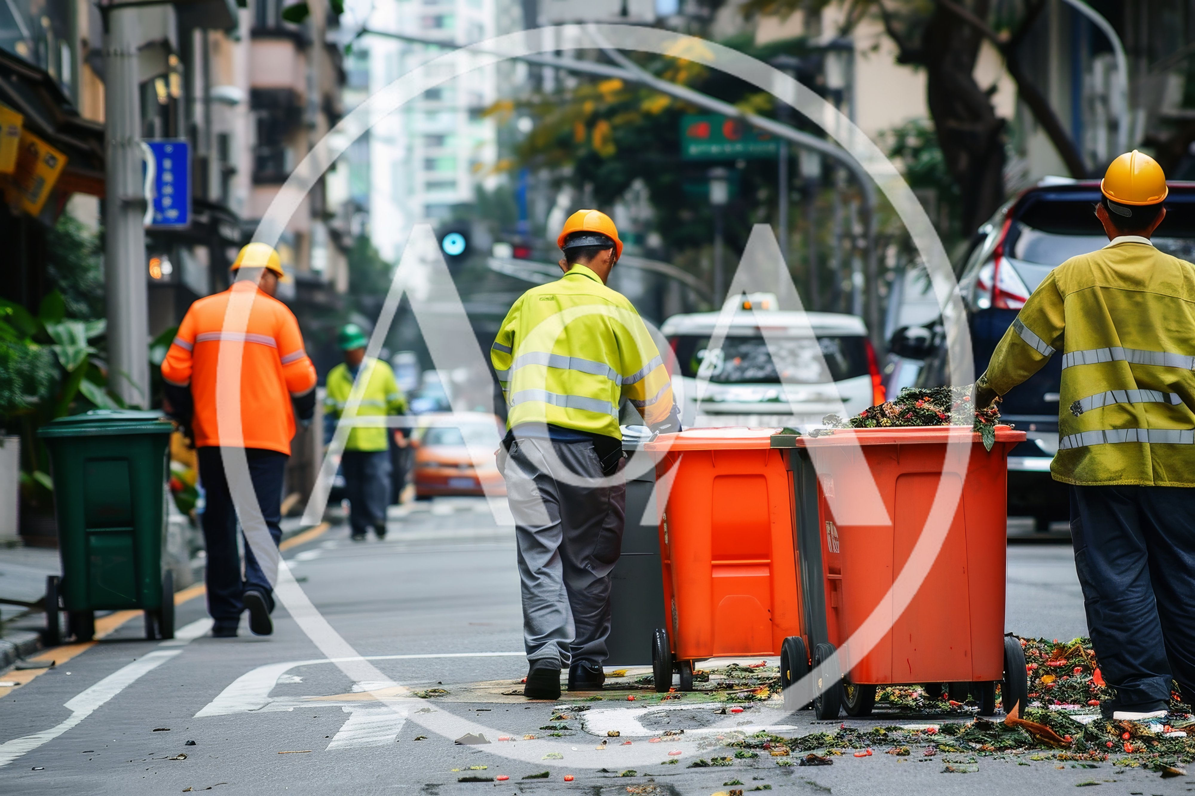 Sanitation Workers Cleaning City Street With Trash Bins