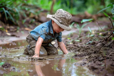Young Boy Playing in Muddy Puddle