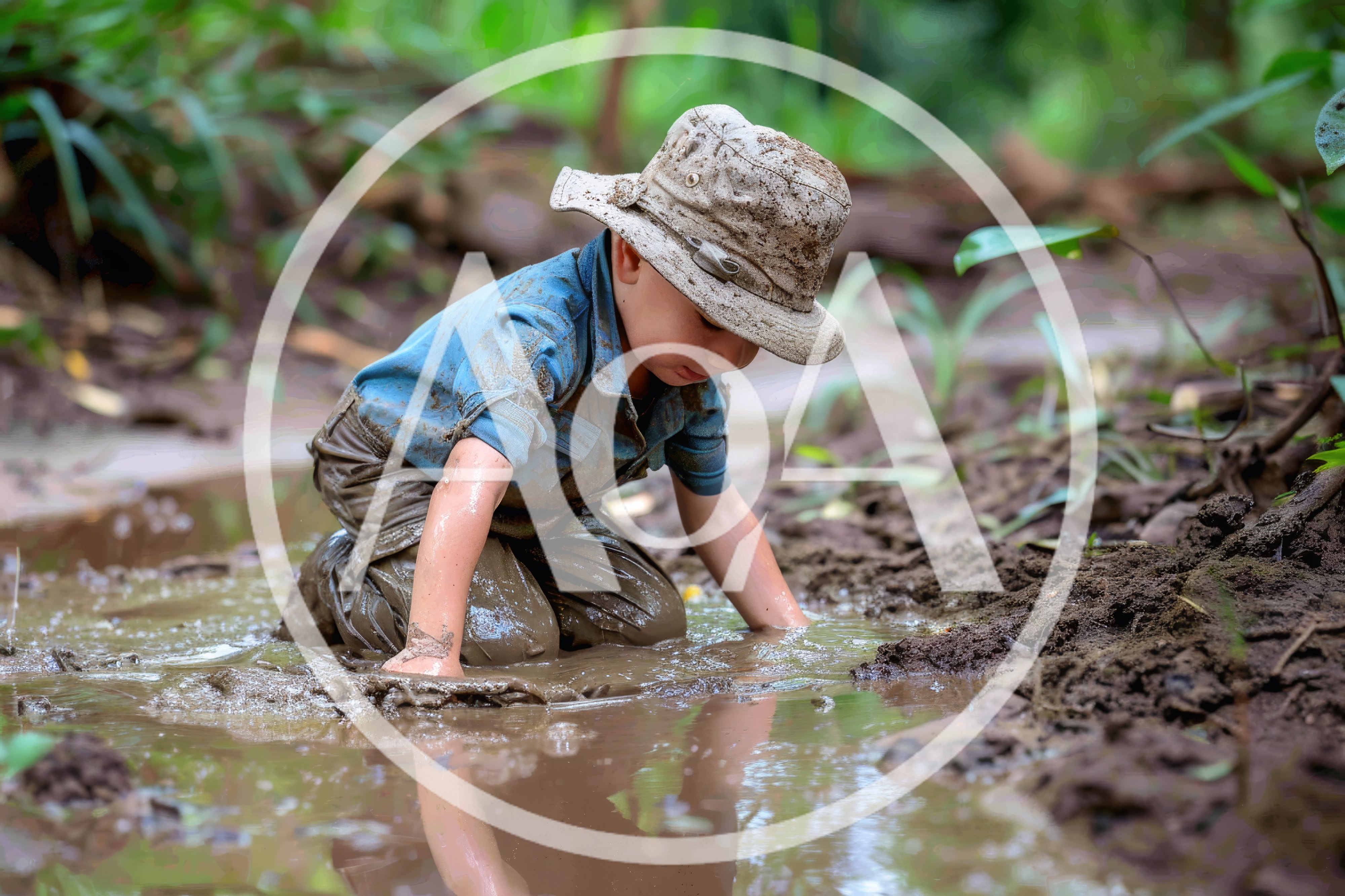 Young Boy Playing in Muddy Puddle
