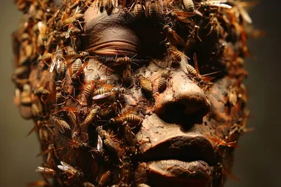 Surreal Sculpture Of Human Face Covered In Insects