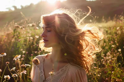 Young Woman Standing In A Sunlit Wildflower Meadow