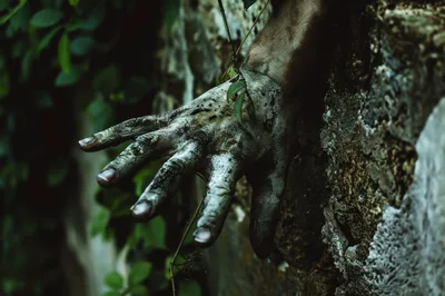Zombie Hand Reaching Out From A Stone Wall
