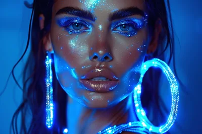 Portrait Of A Woman With Neon Blue Makeup