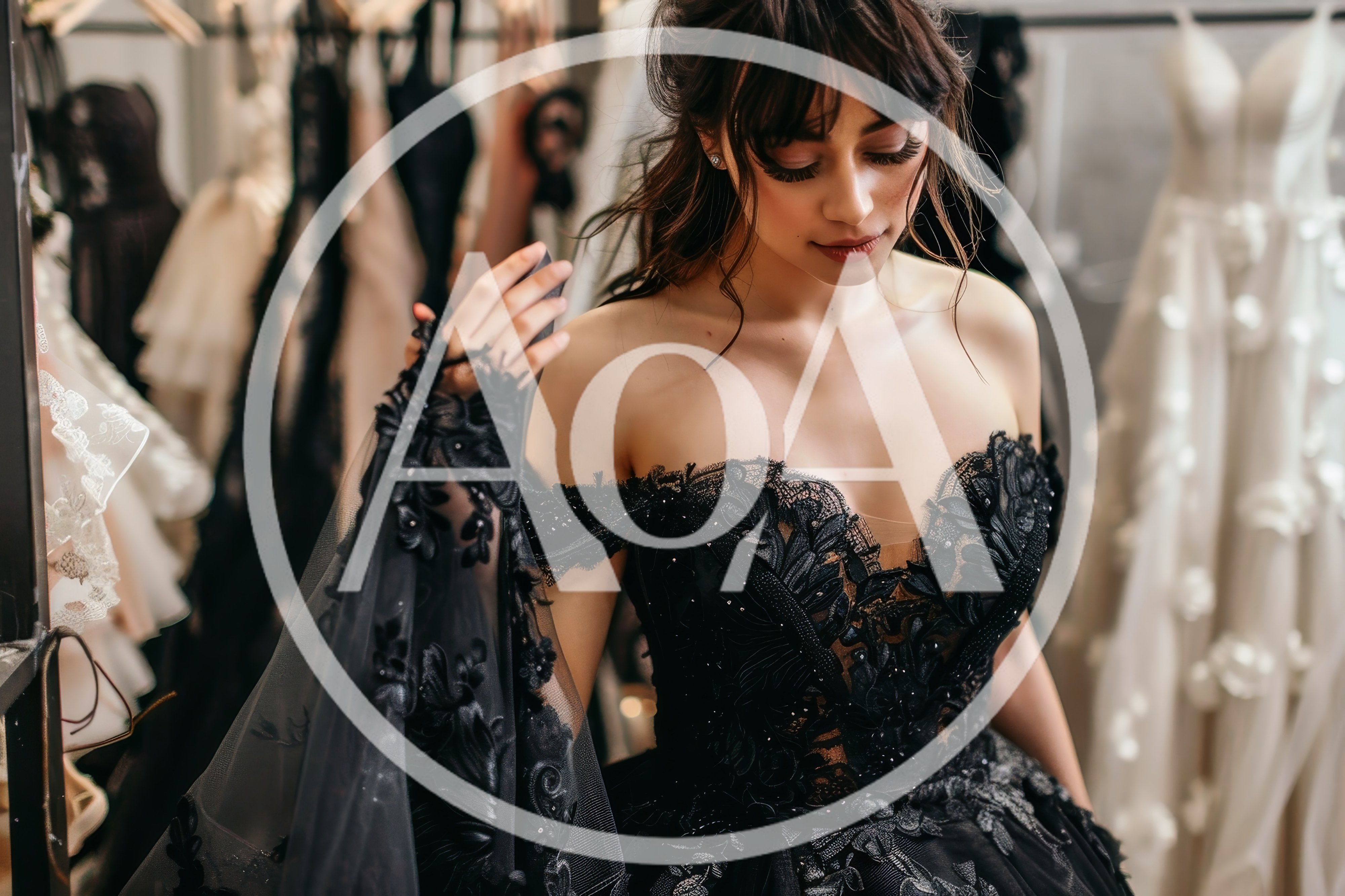 Young Woman Trying On Elegant Black Wedding Dress
