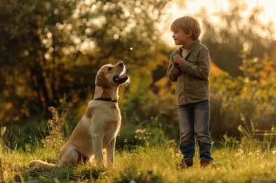Young Boy Playing With Golden Retriever In Golden Hour