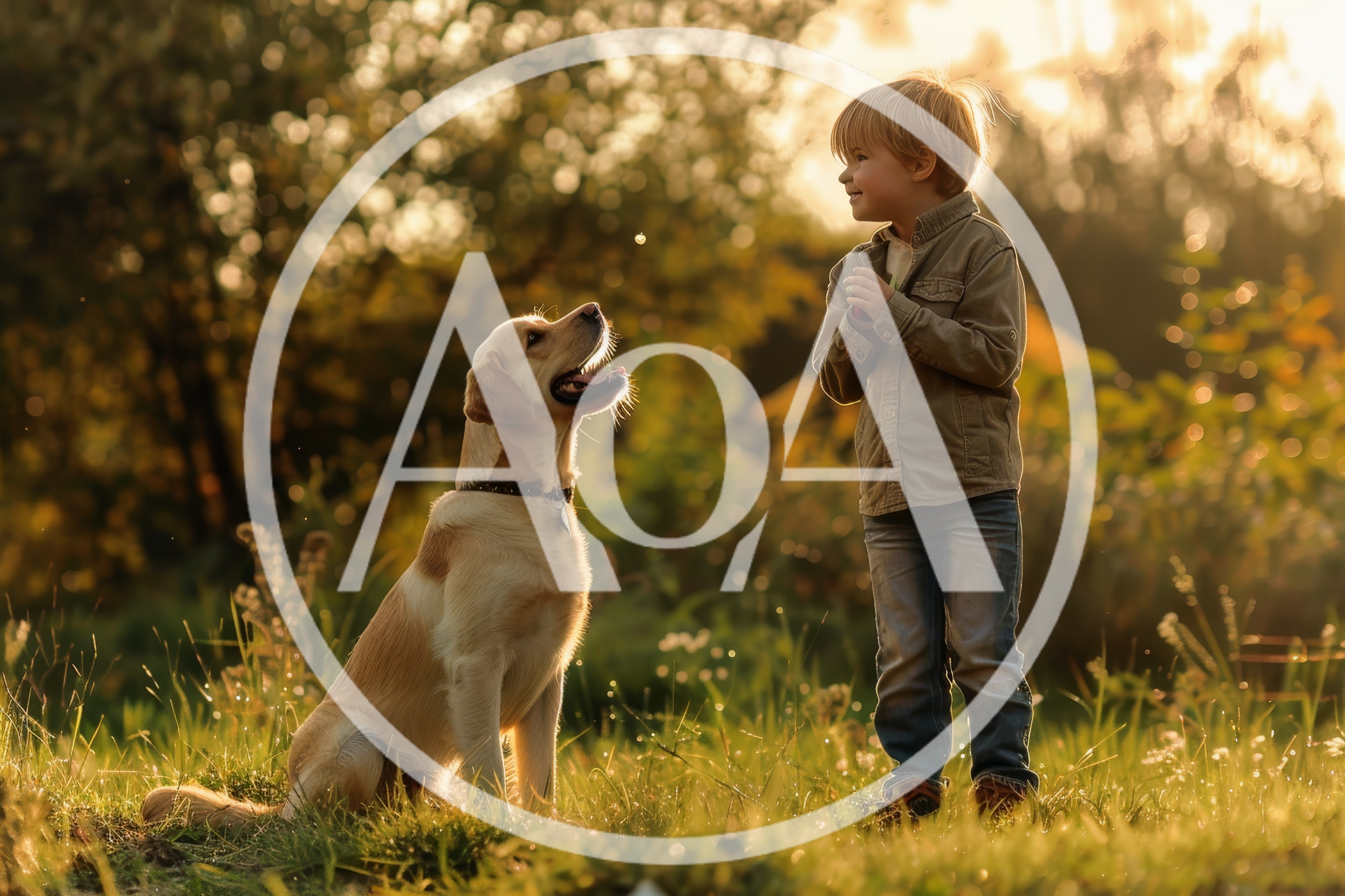 Young Boy Playing With Golden Retriever In Golden Hour