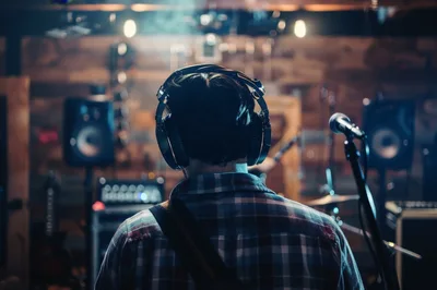 Musician Wearing Headphones In A Professional Recording Studio