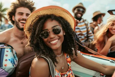 Diverse Friends Enjoying A Sunny Road Trip
