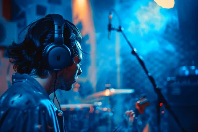 Musician Recording Guitar In A Professional Music Studio