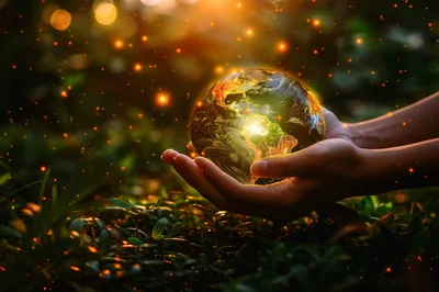 Hands Holding Glowing Earth Globe In Nature