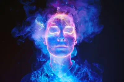 Surreal Portrait Of A Person Surrounded By Neon Smoke