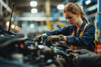 Female Mechanic Repairing Car Engine In Auto Workshop