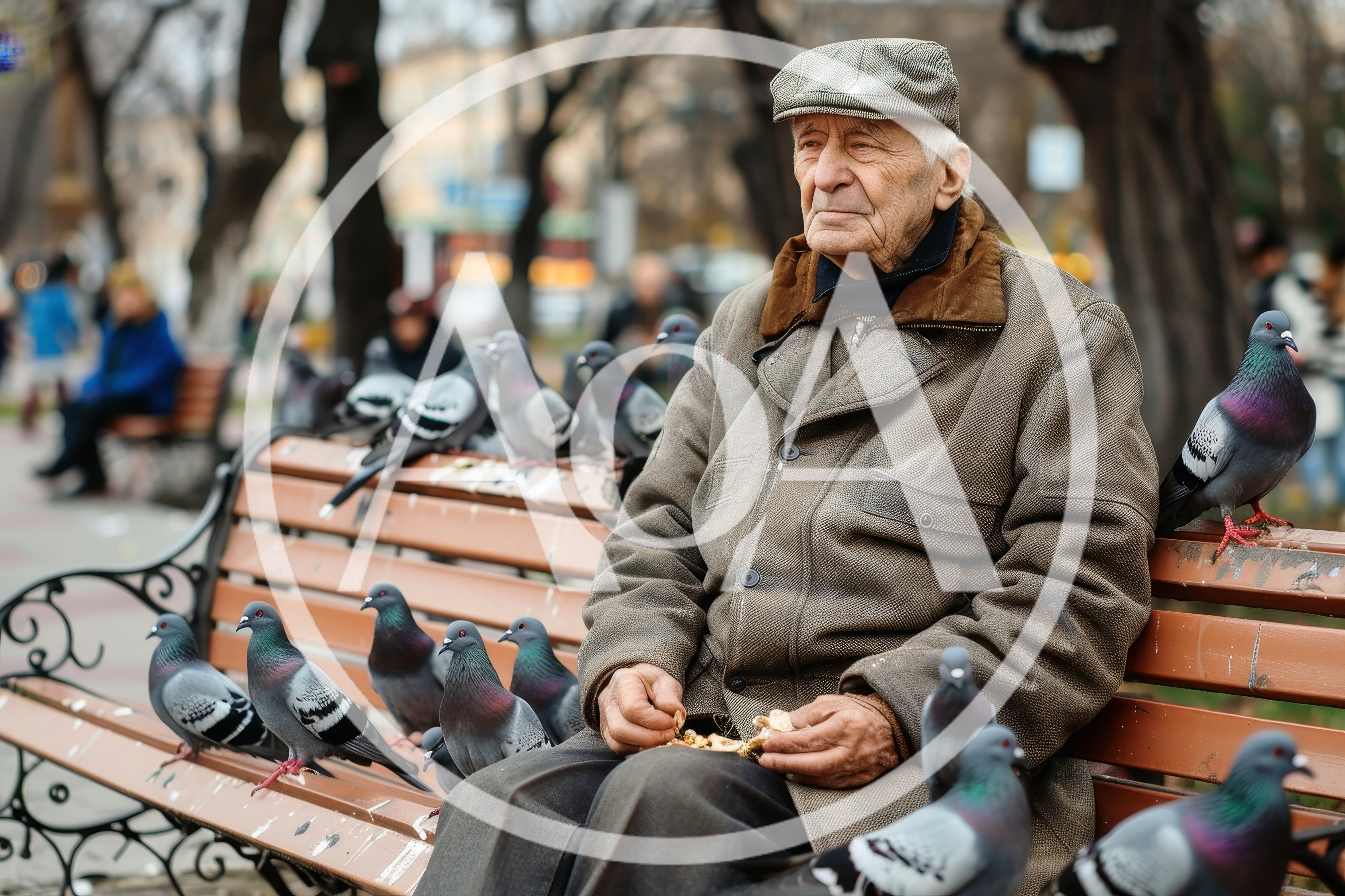 Elderly Man Feeding Pigeons on a Park Bench