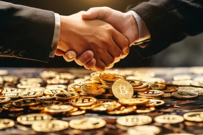 Business Partners Shaking Hands Over Bitcoin Pile