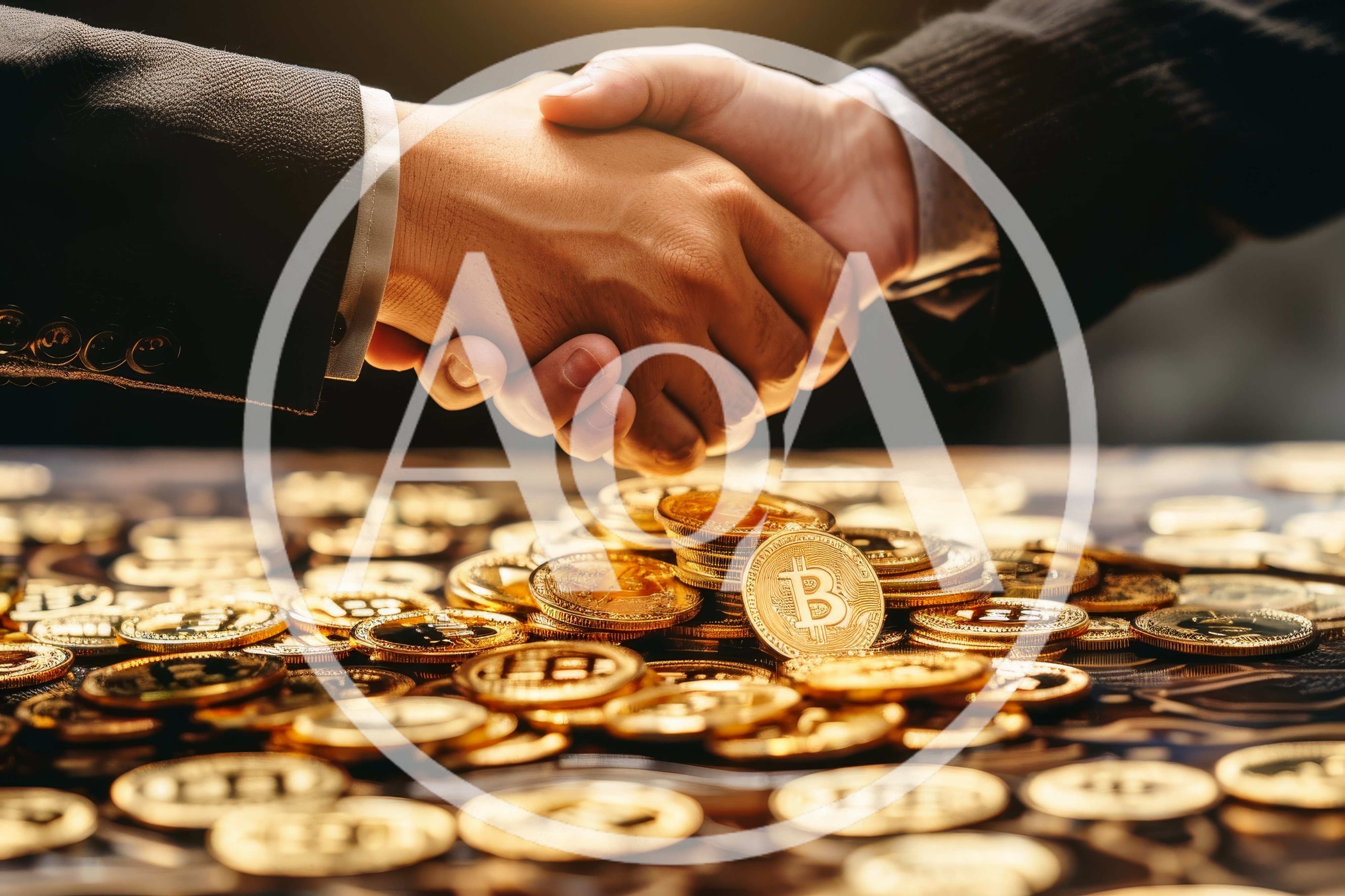 Business Partners Shaking Hands Over Bitcoin Pile