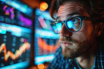 Focused Trader Analyzing Financial Market Data On Multiple Screens