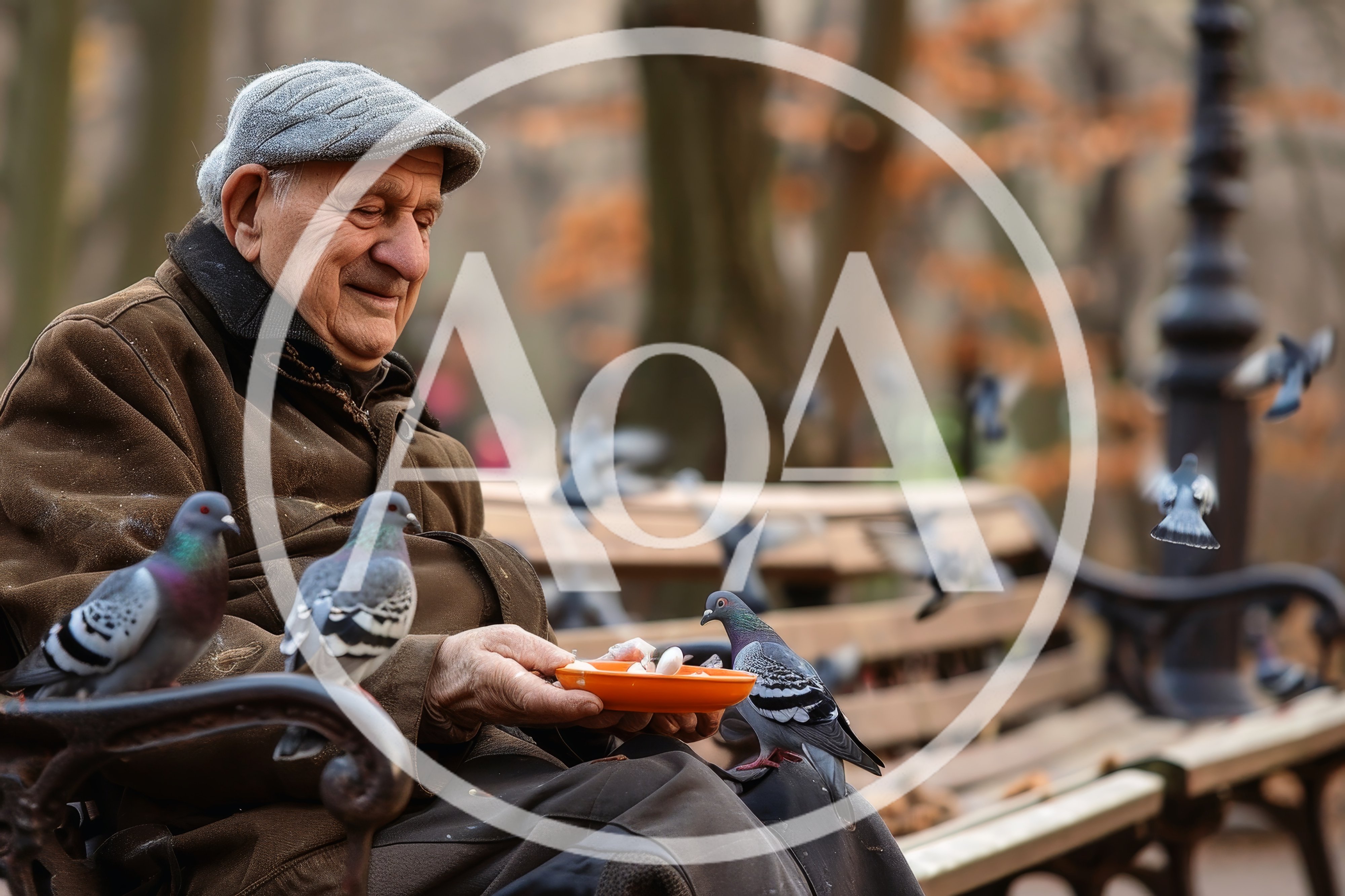 Elderly Man Feeding Pigeons on a Park Bench