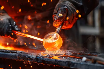 Artisan Glassblower Shaping Molten Glass In Workshop