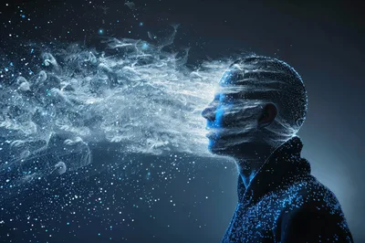 Digital Human Head Dissolving Into Glowing Particles