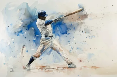 Watercolor Painting Of A Baseball Player Swinging A Bat