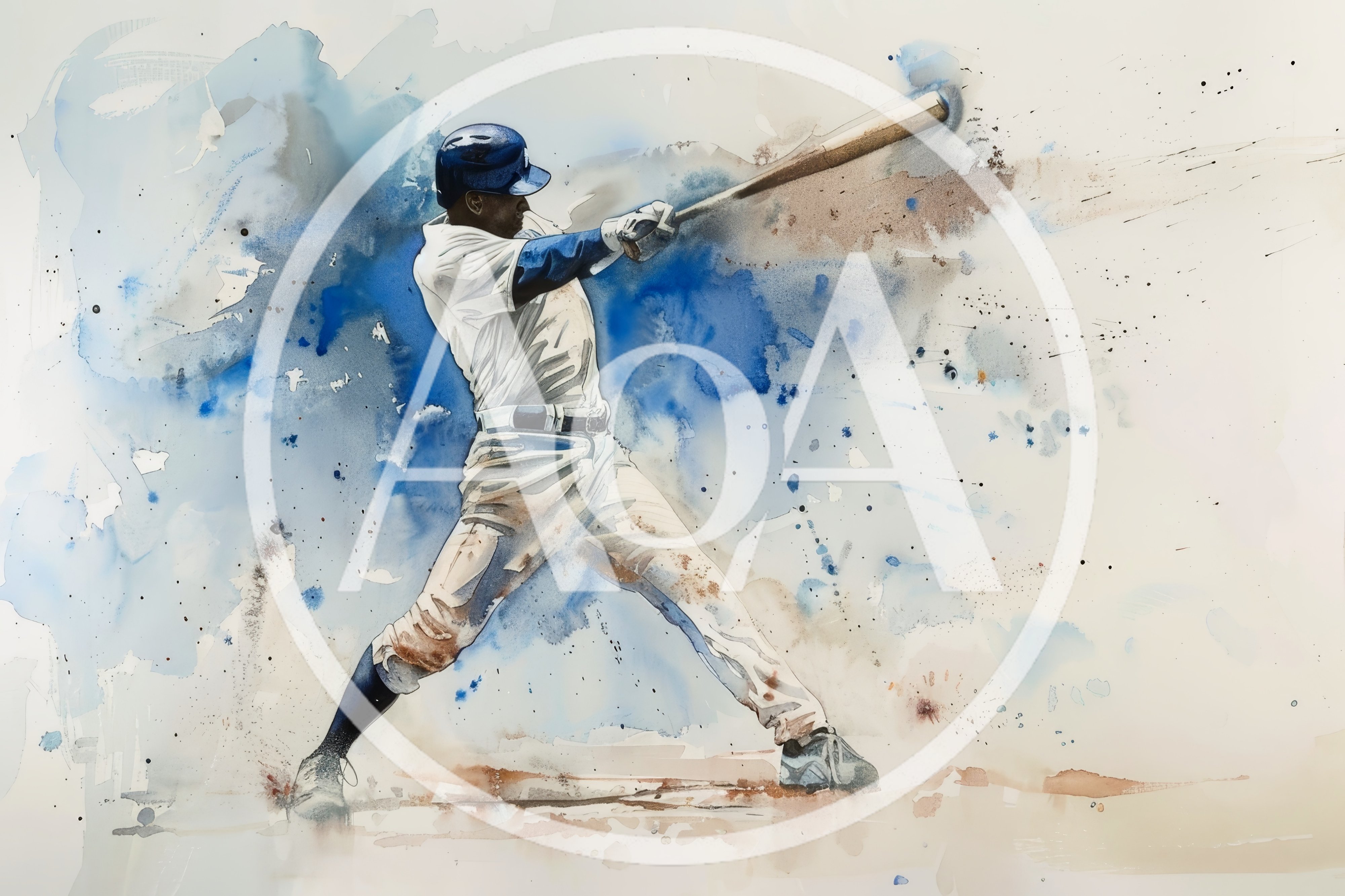 Watercolor Painting Of A Baseball Player Swinging A Bat