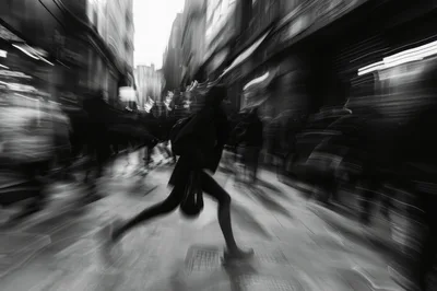 Woman Running Through A Crowded City Street