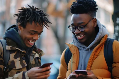 Two Young Men Laughing While Using Smartphones Outdoors