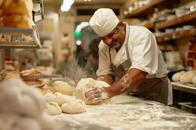 Professional Baker Kneading Dough In A Commercial Kitchen