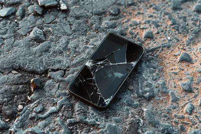 Broken Smartphone Screen Lying On Rough Asphalt Ground