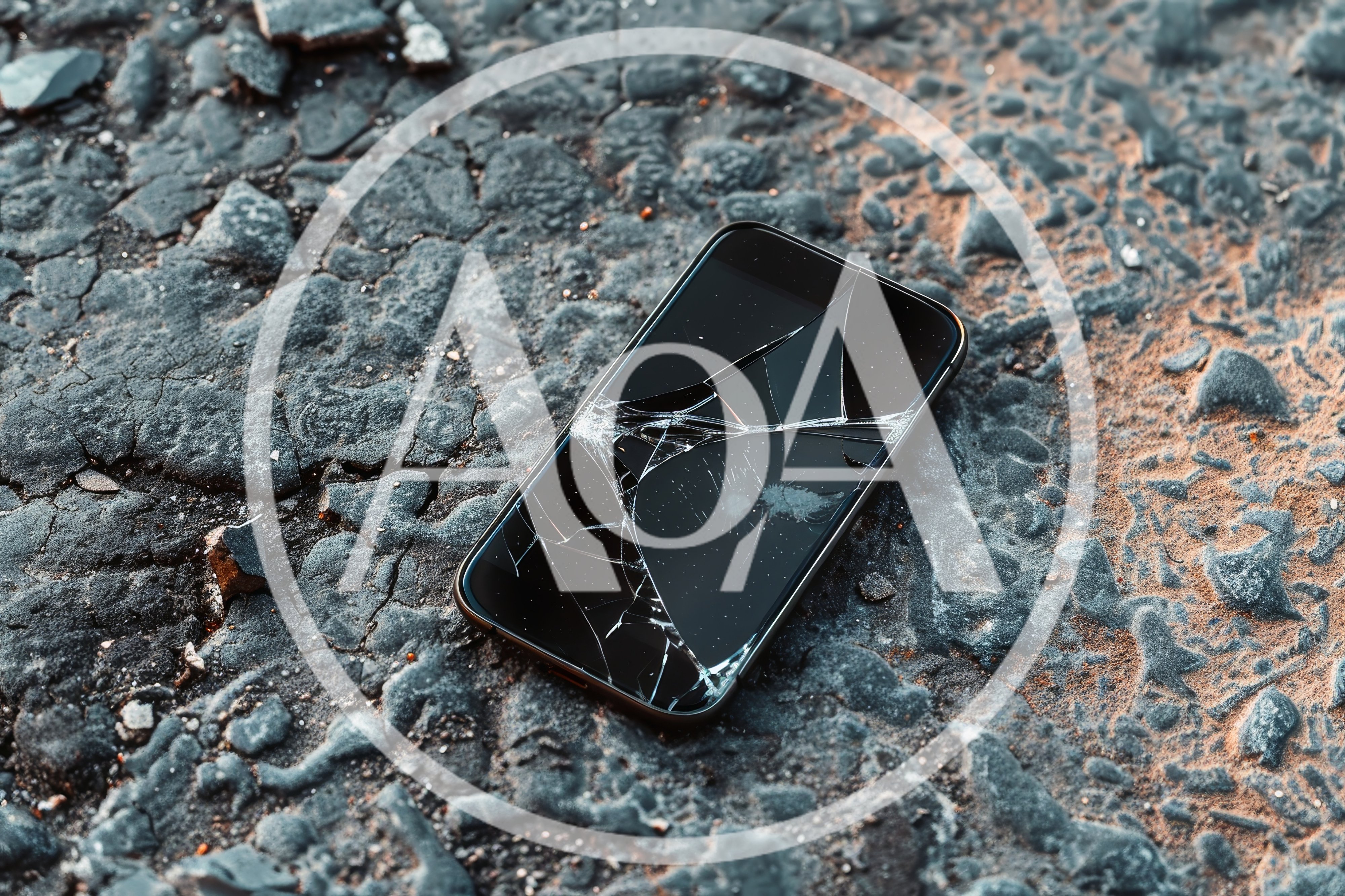 Broken Smartphone Screen Lying On Rough Asphalt Ground