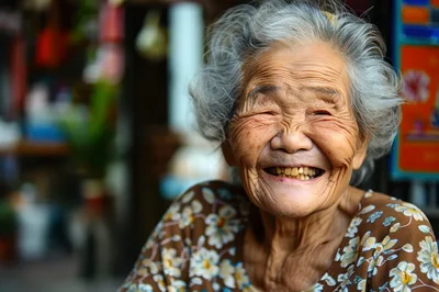 Portrait Of A Joyful Elderly Asian Woman Smiling