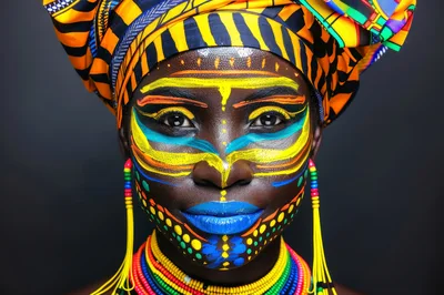 Portrait Of A Woman With Vibrant Tribal Face Paint