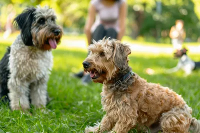 Two Dogs Sitting Together in a Sunny Park