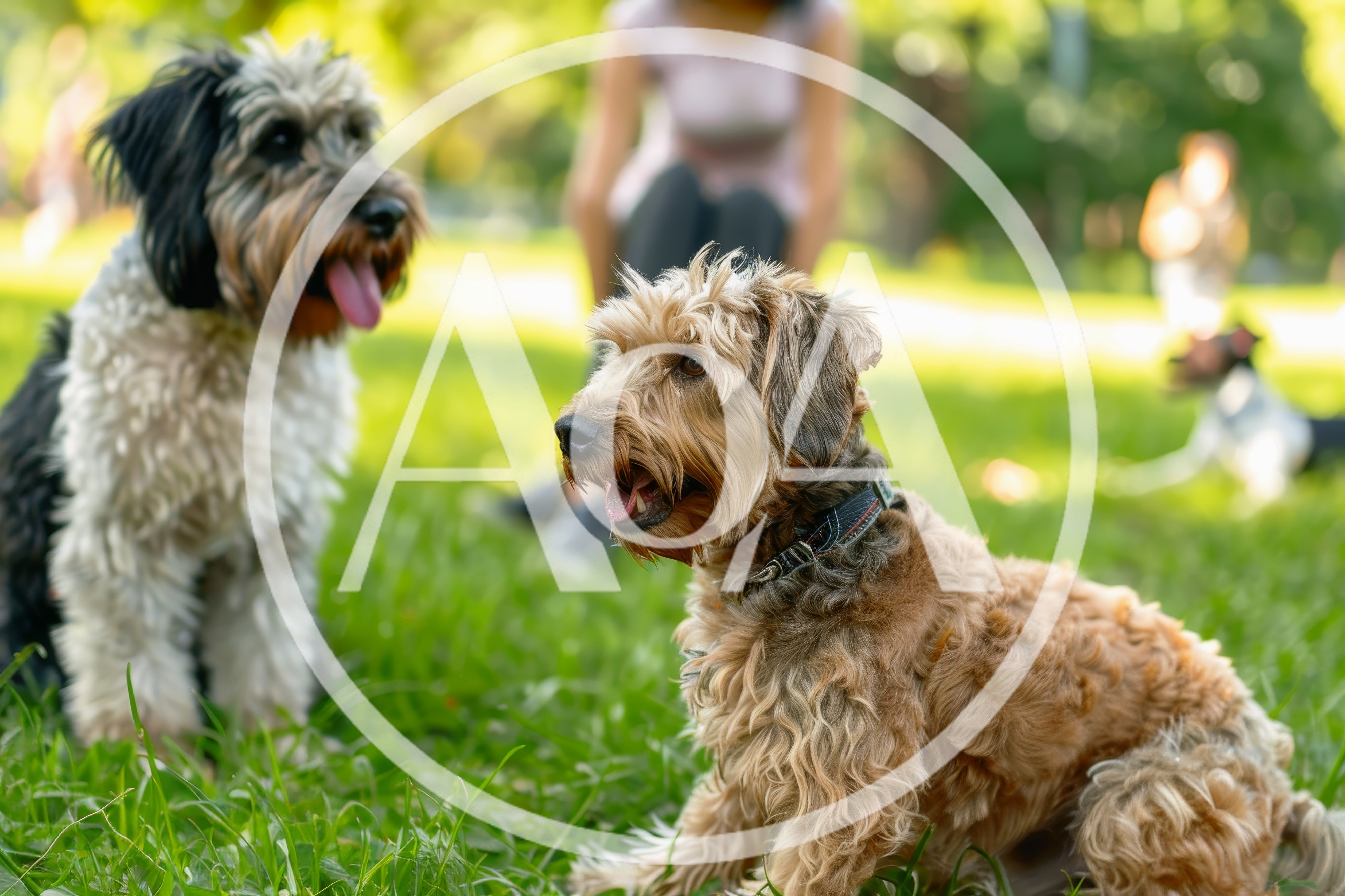 Two Dogs Sitting Together in a Sunny Park