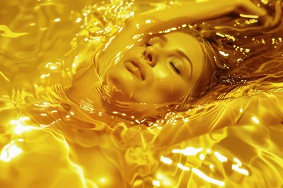Woman Floating In A Pool Of Liquid Gold