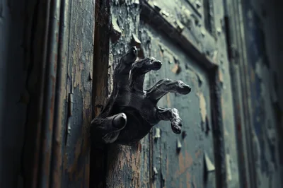 Creepy Black Claw Reaching Through Old Wooden Door
