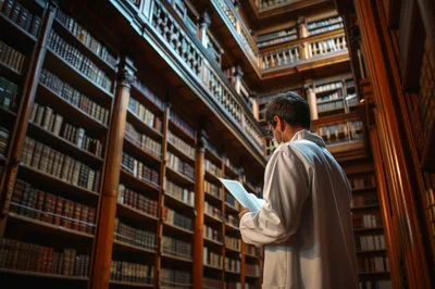 Doctor Reading Medical Documents In A Historic Library