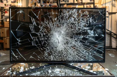 Broken Television Screen With Shattered Glass Display